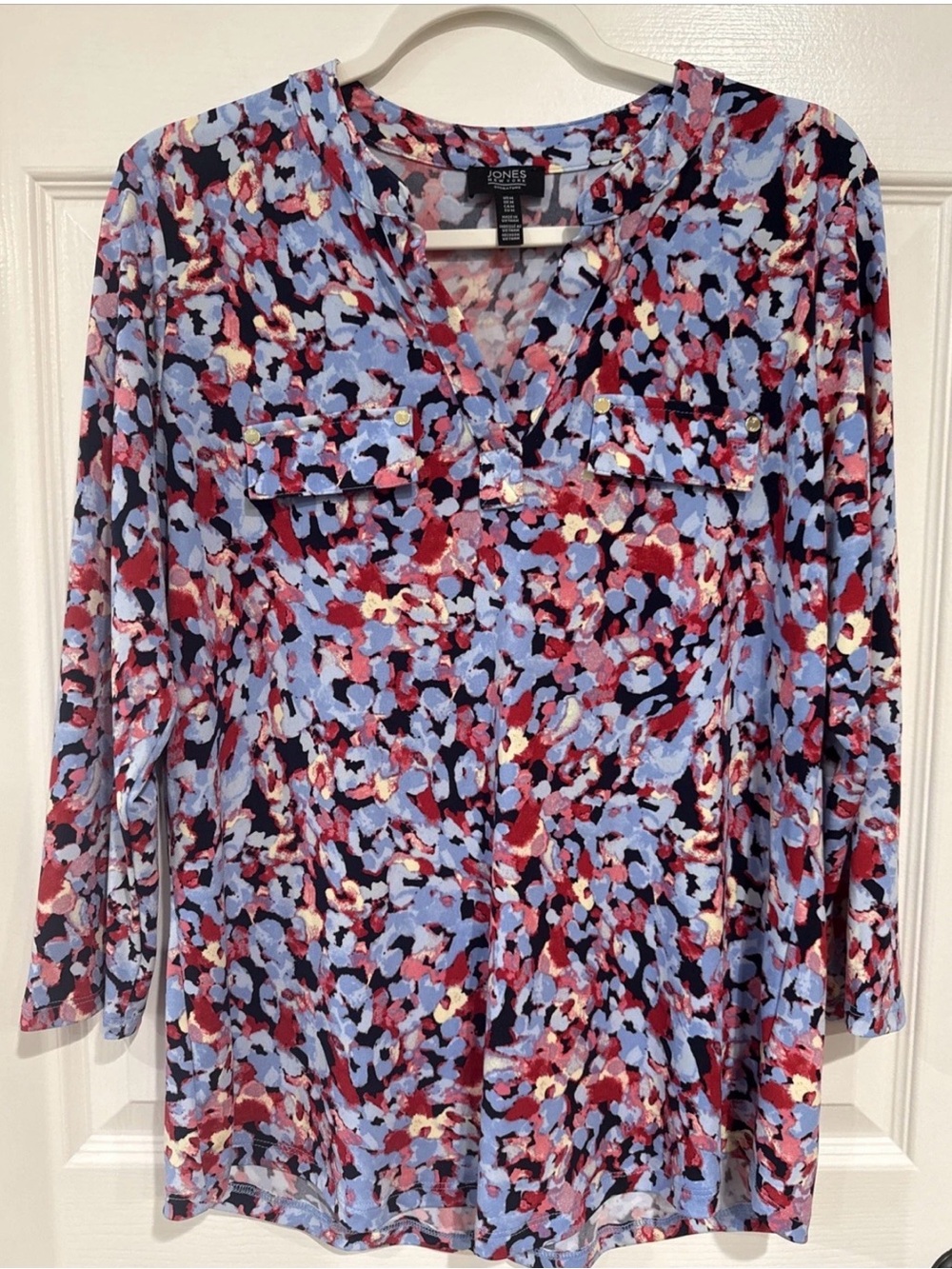Jones New York Women's MED Long Sleeve Pullover Top Blue Multi Abstract Floral